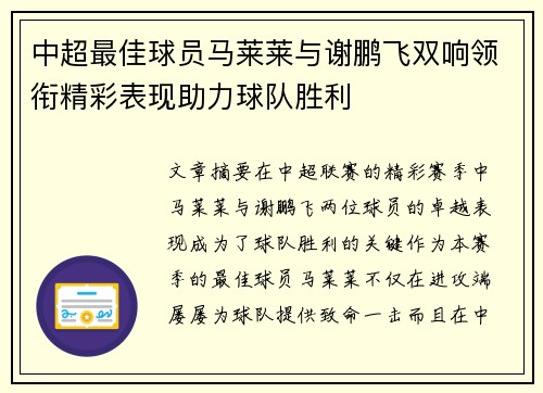 中超最佳球员马莱莱与谢鹏飞双响领衔精彩表现助力球队胜利