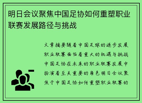 明日会议聚焦中国足协如何重塑职业联赛发展路径与挑战